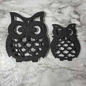 2 Vintage Owl Trivets 4" & 5.5" Cast Iron Hot Plate Coaster Spoon Rest Taiwan
